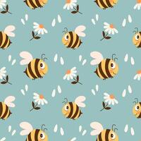 Seamless pattern with cute bee and chamomile flowers on a pastel background. Vector