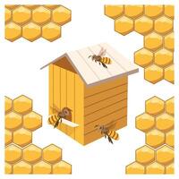 Wooden beehive and funny bees on a background of honeycombs. Illustration, print, vector