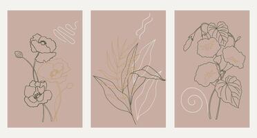 Set of botanical cards, posters. Silhouette of wild flowers and plants in beige colors. Templates, vector