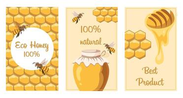 Set of posters with honey, the best natural product. Honey banners for menu, label and website design. Posters with bees, honeycombs and honey. Vector