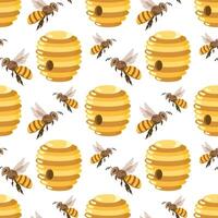 Seamless pattern, beehives with honey, bees and flowers. Background, print, vector