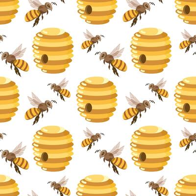 Seamless pattern, beehives with honey, bees and flowers. Background, print, vector