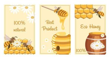 Set of posters with honey, the best natural product. Honey banners for menu, label and website design. Posters with bees, honeycombs and honey. Vector