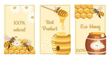 Set of posters with honey, the best natural product. Honey banners for menu, label and website design. Posters with bees, honeycombs and honey. Vector