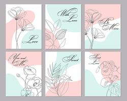 conjunto de plantilla de invitación o tarjeta de felicitación con flores y hojas de contorno. aniversario, cumpleaños, boda, fiesta, juego de carteles. vector