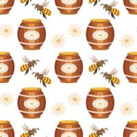 Seamless pattern, wooden barrels with honey, bees and flowers. Background, print, vector