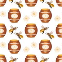 Seamless pattern, wooden barrels with honey, bees and flowers. Background, print, vector