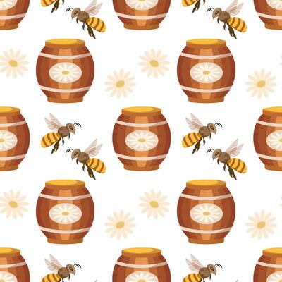 Seamless pattern, wooden barrels with honey, bees and flowers. Background, print, vector