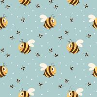 Seamless pattern with cute bee and chamomile flowers on a pastel background. Vector