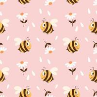 Seamless pattern with cute bee and chamomile flowers on a pastel background. Vector