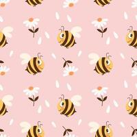 Seamless pattern with cute bee and chamomile flowers on a pastel background. Vector