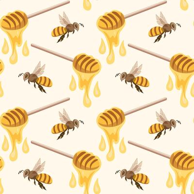 Seamless pattern, spoons with honey and bees. Background, print, vector