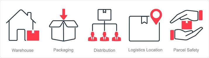 un conjunto de 5 5 logística íconos como depósito, embalaje, distribución vector