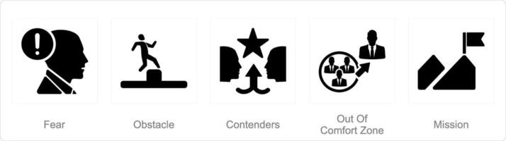 A set of 5 Challenge icons as fear, obstacle, contenders vector