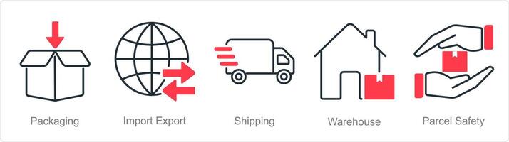 A set of 5 Logistics icons as packaging, import export, shipping vector