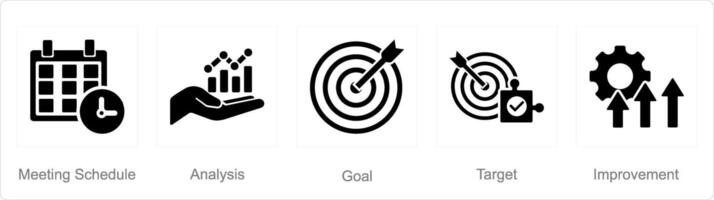 A set of 5 action plan icons as meeting schedule, analysis, goal vector