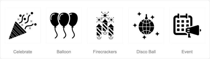 A set of 5 Celebrate icons as celebrate, balloon, firecracker vector