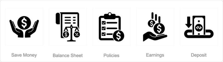 A set of 5 accounting icons as save money, balance sheet, policies vector