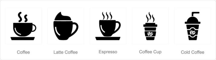 A set of 5 Coffee icons as coffee, latte coffee, espresso vector