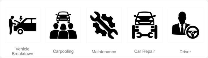 A set of 5 Car icons as vehicle breakdown, carpooling, maintenance vector