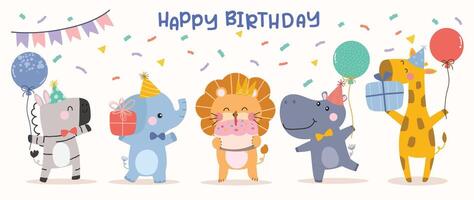 Happy birthday concept animal vector set. Collection of adorable wildlife, giraffe, zebra, elephant, lion, hippo. Birthday party funny animal character illustration for greeting card, kids, education.