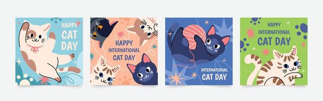 Happy international cat day square cover set. Cute cats and funny kitten, paw foot design collection with flat color in different poses.  Adorable pet animals illustration for international cat day. vector