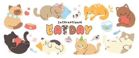 Cute cats and funny kitten doodle element vector. Happy international cat day characters design collection with flat color in different poses. Set of adorable pet animals isolated on white background. vector