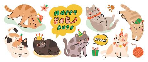 Cute cats and funny kitten doodle element vector. Happy international cat day characters design collection with flat color in different poses. Set of adorable pet animals isolated on white background. vector