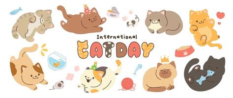 Cute cats and funny kitten doodle element vector. Happy international cat day characters design collection with flat color in different poses. Set of adorable pet animals isolated on white background. vector