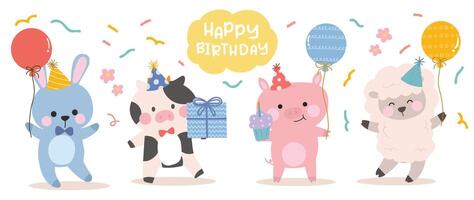 Happy birthday concept animal vector set. Collection of adorable wildlife, rabbit, pig, sheep. Birthday party funny animal character illustration for greeting card, kids, education.