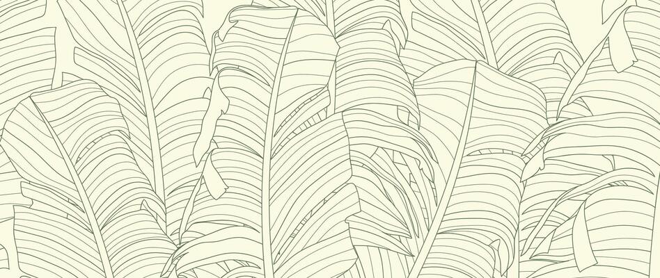 Abstract foliage line art vector background. Leaf wallpaper of tropical leaves, branch, banana leaf, plant in hand drawn pattern. Botanical jungle illustrated for banner, prints, decoration, fabric.