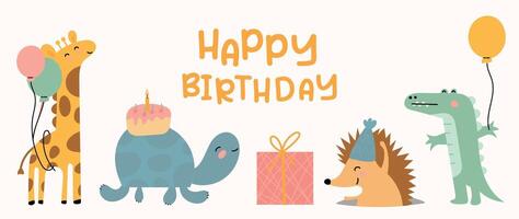 Happy birthday concept animal vector set. Collection of adorable wildlife, giraffe, turtle, porcupine, crocodile. Birthday party funny animal character illustration for greeting card, kids, education.