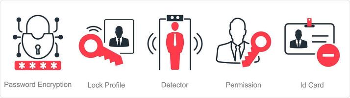 A set of 5 security icons as password encryption, lock profile, detector vector