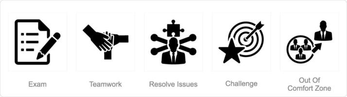 A set of 5 Challenge icons as exam, teamwork, resolve issues vector