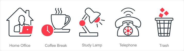 A set of 5 Office icons as home office, coffee break, study lamp vector