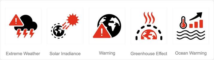 A set of 5 climatechange icons as extreme weather, solar irradiance, warning vector