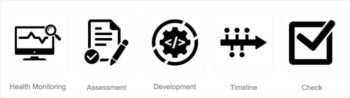 A set of 5 action plan icons as health monitoring, assessment, development vector