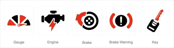 A set of 5 Car icons as gauge, engine, brake vector