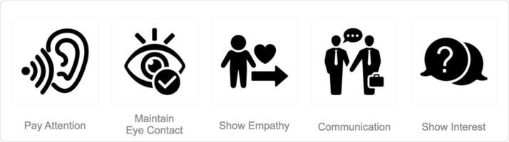 A set of 5 active listening icons as pay attention, maintain eye contact, show empathy vector