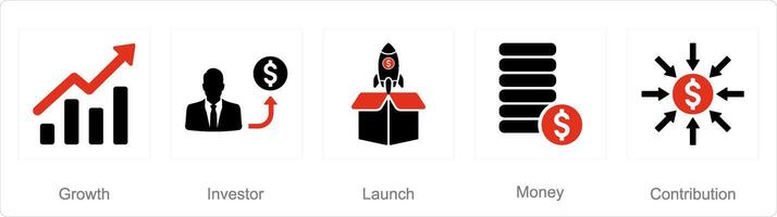 A set of 5 Crowdfunding icons as growth, investors, launch vector