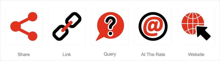 A set of 5 Contact icons as share, link, query, at the rate vector