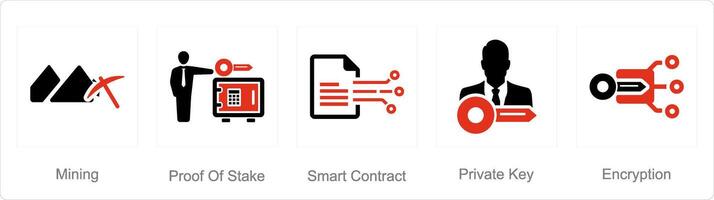 A set of 5 Blockchain icons as mining, proof of stake, smart contract vector