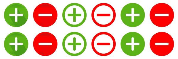 Set of Green and Red Positive and Negative Icons. Positive and Negative Buttons. Vector Isolated On White Background. Design Editable