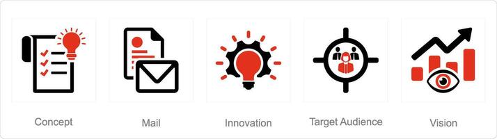 A set of 5 Branding icons as concept, mail, innovation, target audience vector