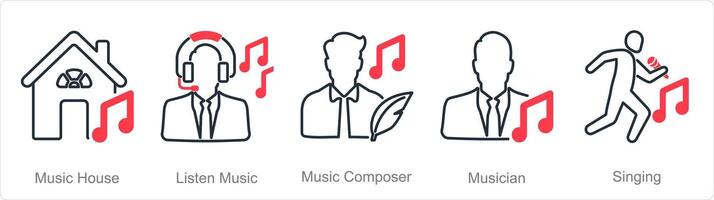 A set of 5 Music icons as music house, listen music, music composer vector