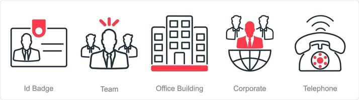 A set of 5 Office icons as id badge, team, office building vector