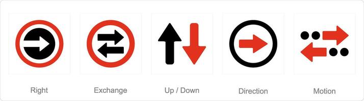 A set of 5 arrows icons as right, exchange, up down vector