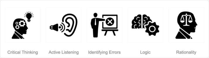 A set of 5 critical thinking icons as critical thinking, active listening, identifying errors vector