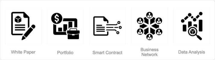 un conjunto de 5 5 blockchain íconos como blanco papel, portafolio, inteligente contrato vector