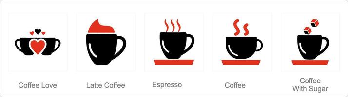 A set of 5 Coffee icons as coffee love, latte coffee, espresso vector